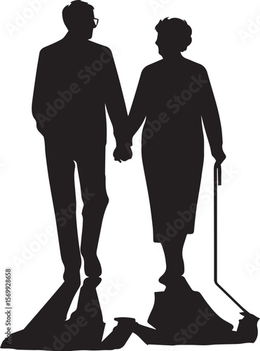 Elderly Couple Walking Hand in Hand with Cane