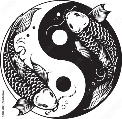Black and White Yin Yang Symbol with Two Koi Fish Swimming Harmoniously