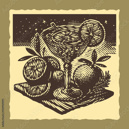 Heavy lined effect postal stamp vector of cocktail glass with citrus fruits on table, summer drink illustration, refreshing beverage, tropical style, vintage ink design
