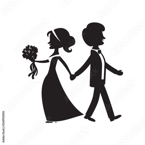Elegant wedding couple silhouette walking hand in hand with a bouquet