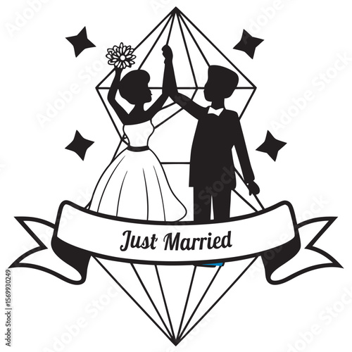 Silhouette newlyweds rejoicing with stars and geometric background just married banner vector