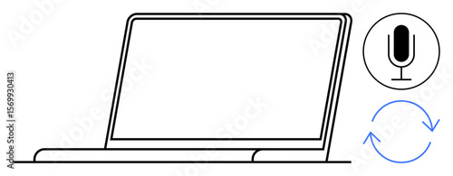 Open laptop with minimalist design, microphone icon in a circle, and circular refresh arrows. Ideal for technology, productivity, audio recording, voice recognition, cloud syncing, digital tools