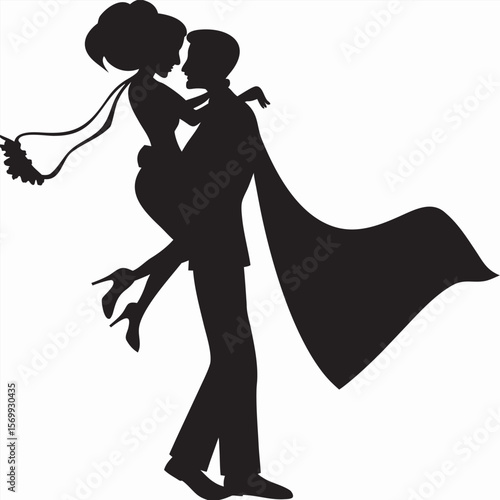 Newlywed couple silhouette groom carrying bride celebration of love and commitment