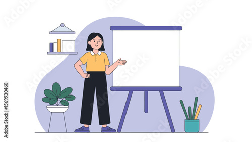Businesswoman standing next to blank whiteboard giving presentation and explaining project concept
