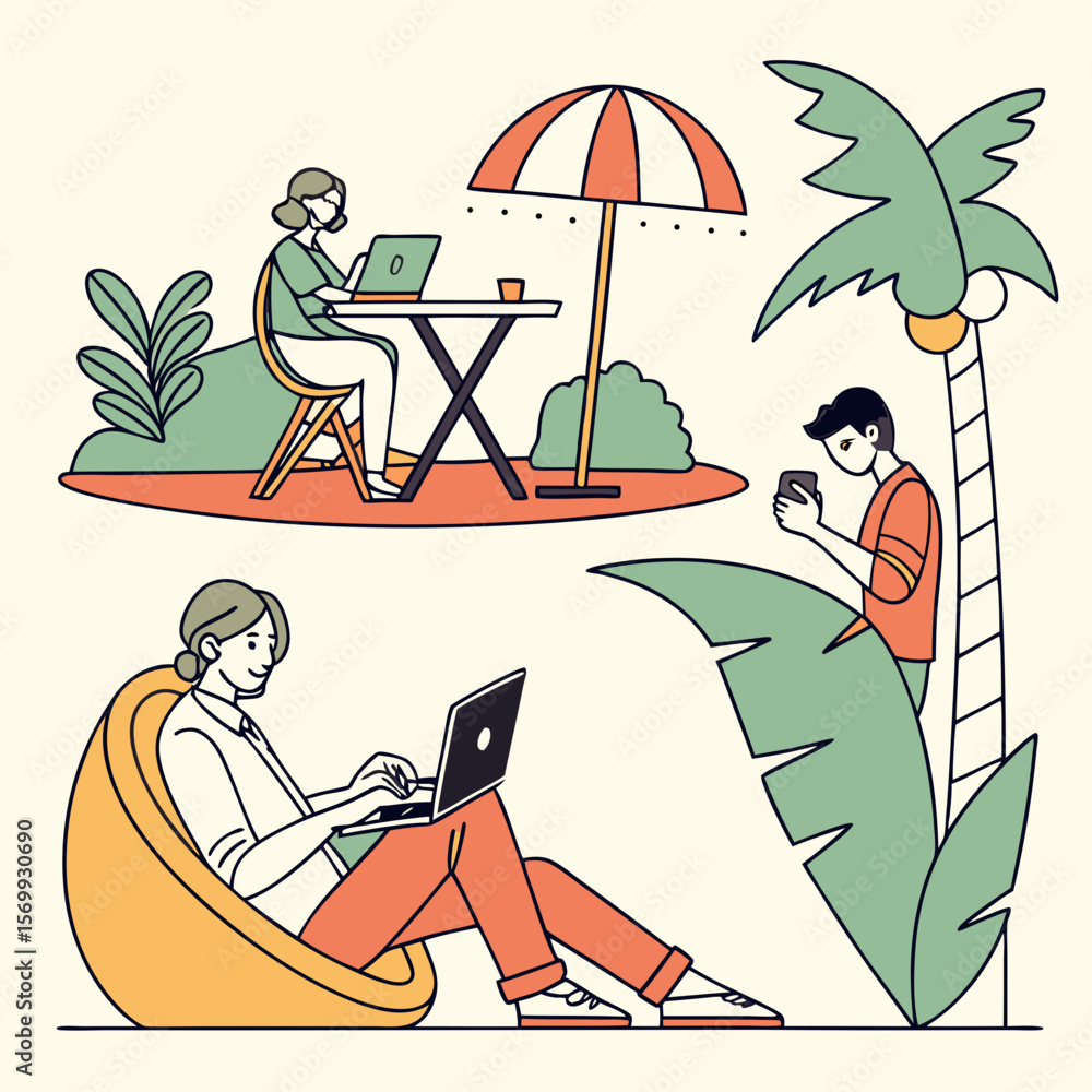 Obraz premium People working remotely outdoors with laptops and mobile phones in a tropical setting illustration