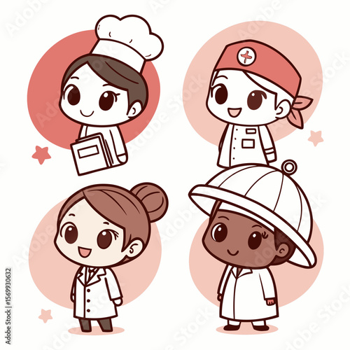 Illustration of four diverse cartoon characters in professional roles with pink accents
