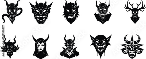 Demon Mask, Japanese Traditional devil mask isolated. Silhouette Vector Illustration with horns and detailed ornamental tattoo artistry on a white background. Halloween