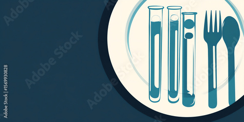 Artistic illustration featuring test tubes and cutlery arranged on a plate, symbolizing the fusion of science and culinary arts in a creative and modern design concept