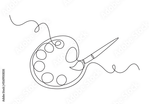 Continuous one line art vector painting brush and color palette wood for world art day illustration