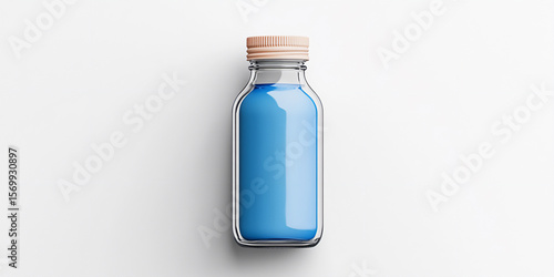 Clear glass bottle filled with vibrant blue liquid, featuring a wooden cap, placed on a clean white background, showcasing modern design and minimalistic aesthetic appeal