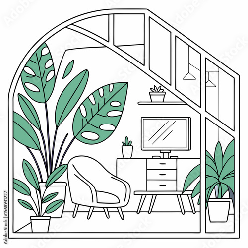 Illustration of a sunroom interior with furniture and potted plants in a greenhouse space