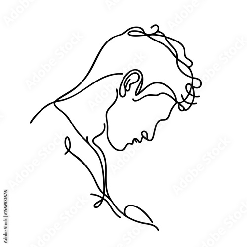 Person's profile with a contemplative mood and bowed head in a single line style