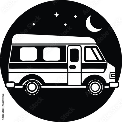 Vanlife Night Adventure: A sleek camper van, set against a star-studded night sky and crescent moon, symbolizing the spirit of freedom and adventure.
