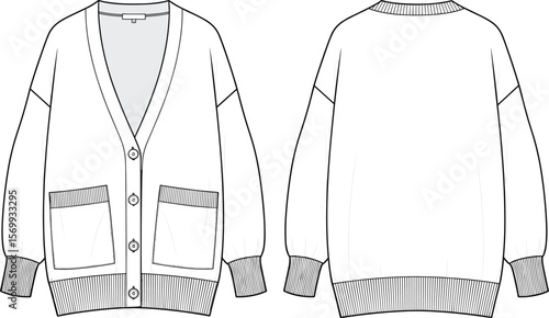 Minimalist Cardigan with Pockets, Fashion Illustration, Casual Layering Design