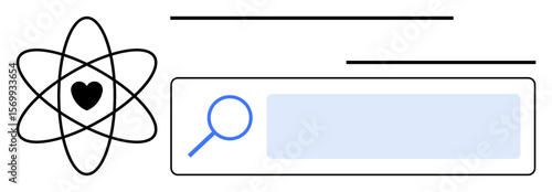 Heart enclosed within atomic orbit beside search bar with magnifying glass represents scientific curiosity, love, exploration, inquiry, connection, discovery. Ideal for research platforms, innovation