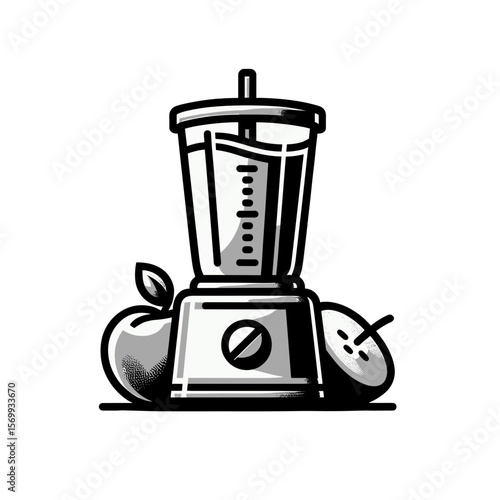Blender with apples in black and white minimalist illustration on transparent background  