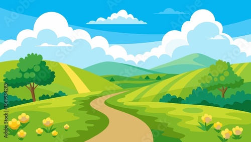A winding path leads through lush green hills under a bright blue sky