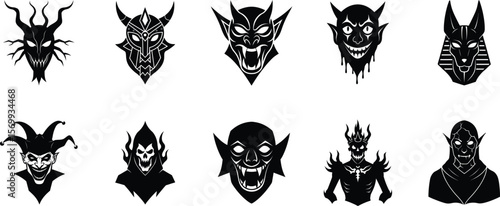 Demon Mask, Japanese Traditional devil mask isolated. Silhouette Vector Illustration with horns and detailed ornamental tattoo artistry on a white background. Halloween