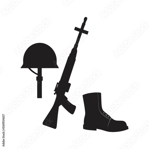 military helmet resting on a rifle and boots batt vector art
