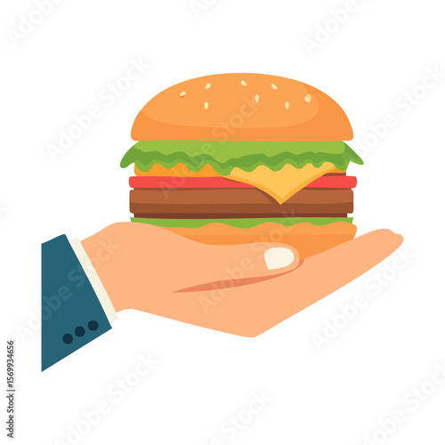 A person's hand holding a freshly made burger, a delicious meal with layers of patty, cheese, and vegetables. The sesame seed bun completes the culinary creation