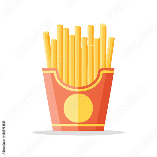 Crispy golden french fries in a red paper box. The fries are arranged neatly, ready to be enjoyed as a snack