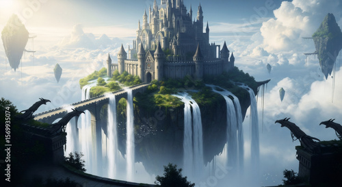 Floating fantasy castle on island with waterfalls and dragons. Magical landscape with hot air balloons. Digital art for book cover, game design, or fairy tale illustration