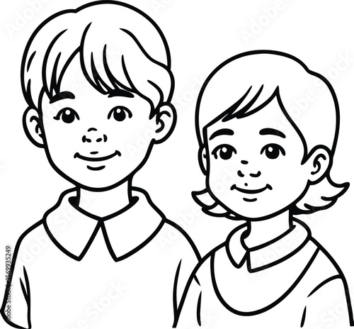 Friendly siblings : In a heartwarming monochrome illustration, two smiling children stand shoulder-to-shoulder, a testament to sibling camaraderie.