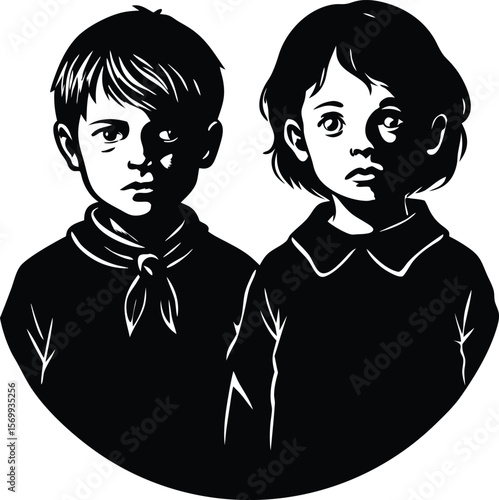 Melancholy Children's Portrait: A stark black and white portrait captures the solemn faces of two children, their expressions hinting at innocence, vulnerability, and introspection.