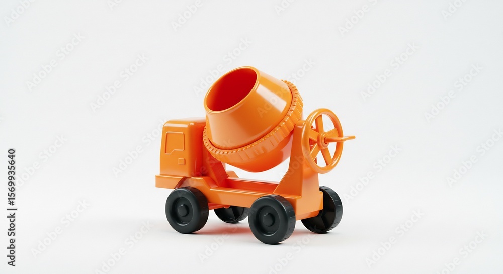 Fototapeta premium Miniature orange cement mixer toy sits brightly lit against white background. AI Generated