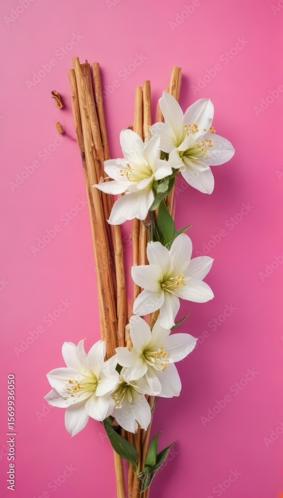 Aromatic vanilla sticks and delicate flower on vibrant background, aroma therapy, stick