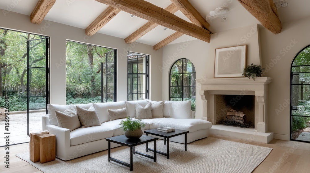 Bright living room features minimalistic design, large steel doors, and cozy fireplace, creating a welcoming atmosphere with natural light Bright living room features minimalistic design, large steel doors, and cozy fireplace, creating a welcoming atmosphere with natural light