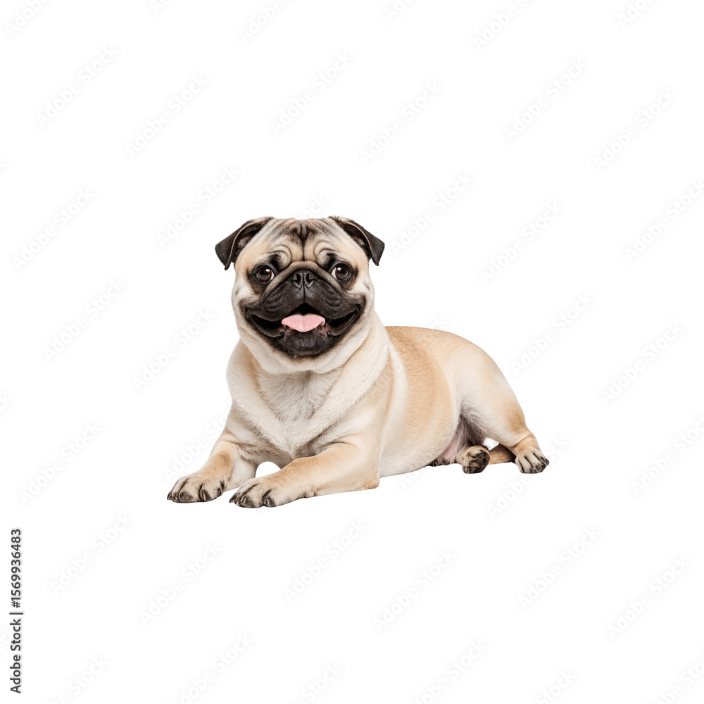 Fototapeta premium Happy Pug's Portrait: A charismatic pug with a distinctive wrinkled face lies contentedly, radiating joy and tranquility, set against a pristine backdrop.