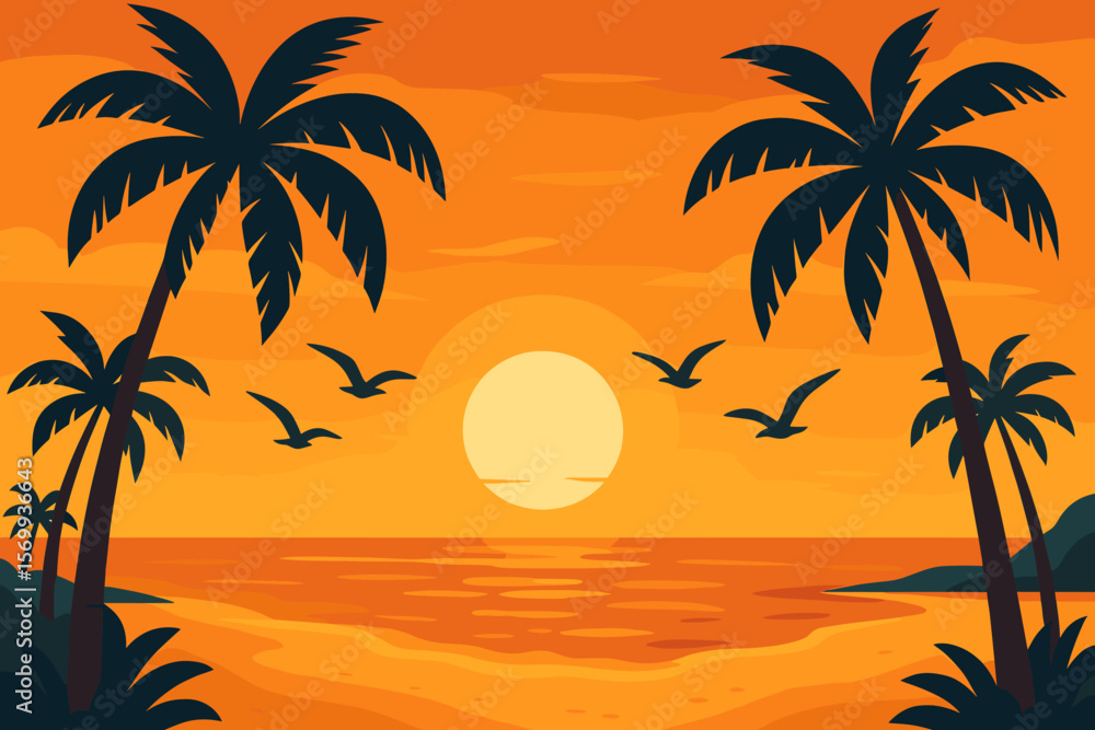 Tropical Beach Sunset with Palm Trees, Seagulls Flying, Orange Sky, Paradise Coastline, Modern Flat Vector Illustration, Exotic Summer Vacation, Tranquil Seaside Landscape Tropical Beach Sunset with Palm Trees, Seagulls Flying, Orange Sky, Paradise Coastline, Modern Flat Vector Illustration, Exotic Summer Vacation, Tranquil Seaside Landscape