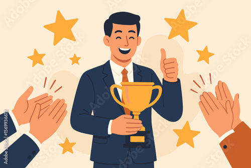 Businessman holding trophy, employee recognition, workplace achievement, staff appreciation, success celebration, team applause, rewarding high performance, congratulation concept