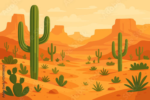 Vibrant Desert Landscape with Saguaro Cactus, Canyon Mountains, Succulents, Prickly Pear, Wild West Nature, Arid Wilderness, Modern Flat Vector Illustration