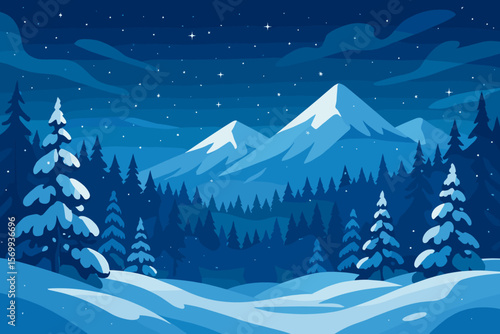 Majestic Winter Night Landscape, Snowy Mountains, Pine Forest, Snowdrifts, Starry Sky, Clouds, Christmas Eve, Tranquil Nature, Holiday Scenery