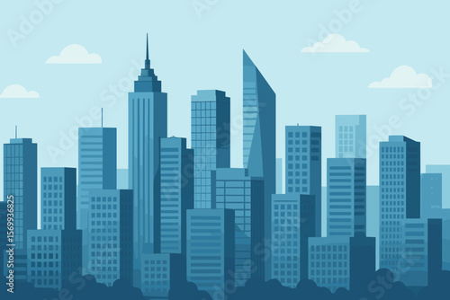 Modern Cityscape Skyline with Skyscrapers, Office Buildings, Urban Architecture, Panoramic Metropolis Silhouette, Downtown Business District, Flat Vector Illustration