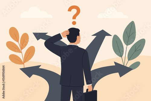 Businessman Facing Decision Making Dilemma at Crossroads, Choosing Best Path, Career Direction, Uncertainty, Opportunity, Solution, Success, Confusion, Leadership Concept