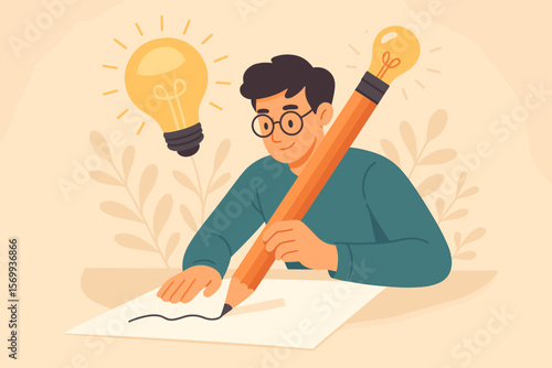 Creative writer blogger inspiration concept. Young man with giant pencil writing, lightbulb ideas, imagination, talent, skill, success, creativity, content creation, innovation