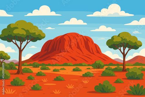 Australian Outback Red Rock Desert Landscape. Uluru Monolith, Green Acacia Trees, Bushes, Blue Sky, White Clouds, Red Sand, Grass, Mountains. Nature Travel Vector Illustration