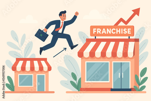 Confident Businessman Expanding Retail Storefront, Franchise License, Business Growth Opportunity, Marketing Success, Achieving Retail Expansion, Entrepreneurial Ambition