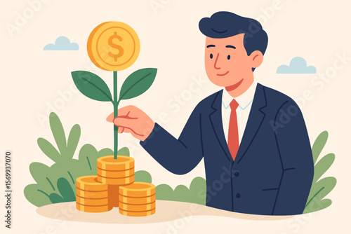 Businessman Investor Growing Wealth, Financial Success Concept, Money Plant, Investment Growth, Prosperity, Earning More Money, Profitable Savings, Mutual Funds, Financial Opportunity