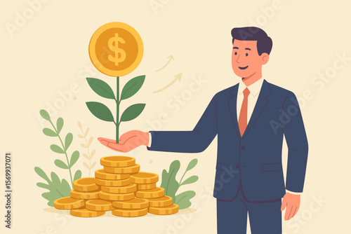 Businessman Investor Holding Growing Money Plant, Wealth Investment Growth, Financial Success, Earning More from Savings, Profitable Opportunity, Increasing Prosperity, Stacked Coins
