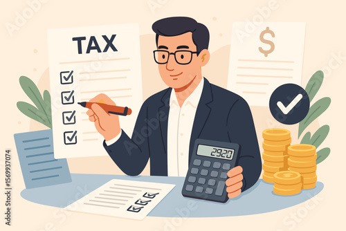 Income tax filing checklist, revenue calculation, tax form completion, expert accountant with calculator, refund, deduction, payment, financial planning, business tax concept