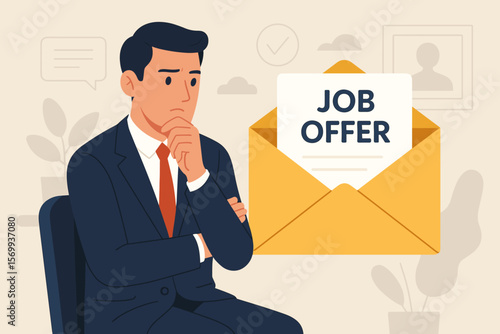 Businessman Considering Job Offer Letter. Employment Opportunity, Promotion, Career Advancement, Recruitment, Human Resources, New Position, Higher Salary, Decision Concept