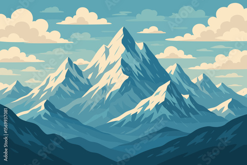 Majestic Snow-Capped Mountain Range Landscape, Towering Peaks, Expansive Blue Sky, Dramatic Clouds, Mountaineering, Climbing, Hiking Adventure, Modern Flat Vector Illustration
