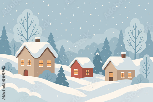 Cozy Winter Village Scene. Snow-Covered Houses, Pine Trees, Snowdrifts, Falling Snow. Rural Countryside Landscape. Warm Lights, Peaceful Winter Day. Flat Modern Vector Illustration