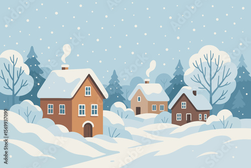 Winter Village Landscape with Snow-Covered Houses, Snowdrifts, Bare Trees, Pine Forest, Falling Snow, Cozy Rural Scene, Flat Modern Vector Illustration