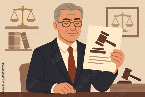 Mature Lawyer in Court Office Holding Legal Document with Gavel Symbol, Law and Judgment Approval, Attorney at Desk, Legal Justice Concept, Scales of Justice, Professional Law Office Scene