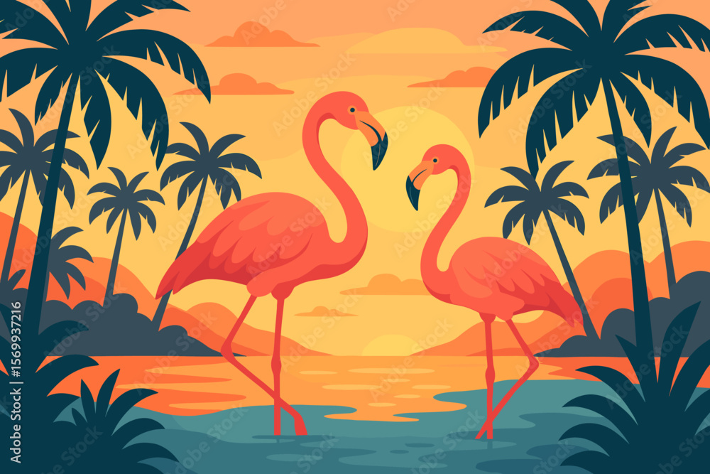 Naklejka premium Tropical Paradise Sunset with Two Flamingos, Palm Trees, Exotic Landscape, Wild Nature, Summer Beach, Vibrant Vector Illustration, Modern Flat Cartoon Art